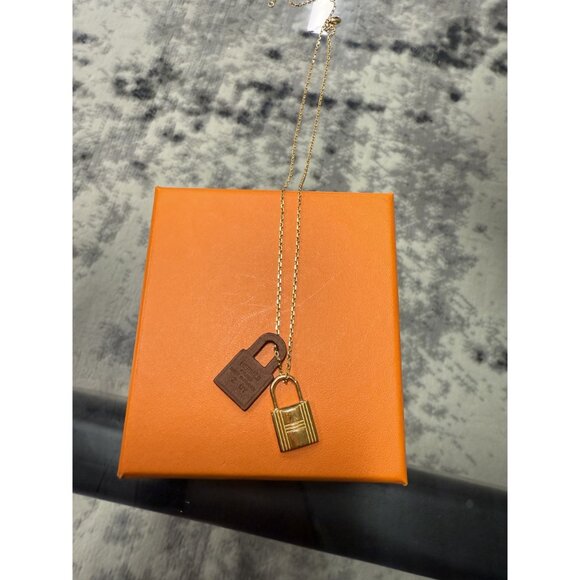 Hermès Lock Pendant Necklace In Gold & Brown Leather - Picture 2 of 7